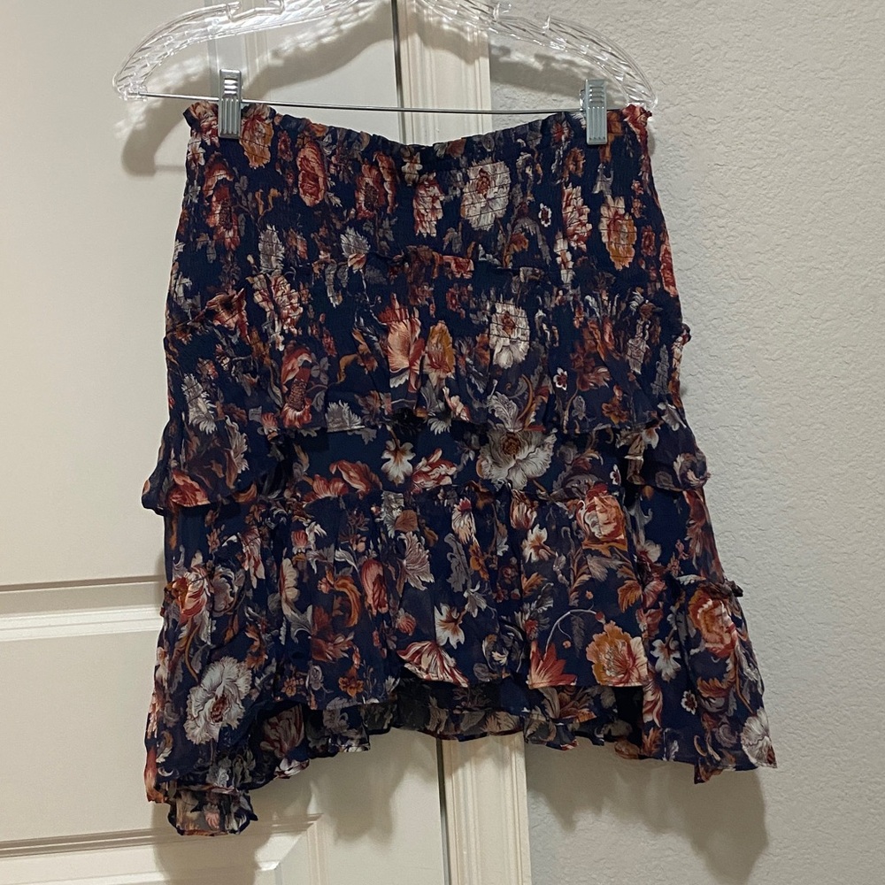Anthropologie Floral Ruffle Skirt - Navy and‎ Brown and Red